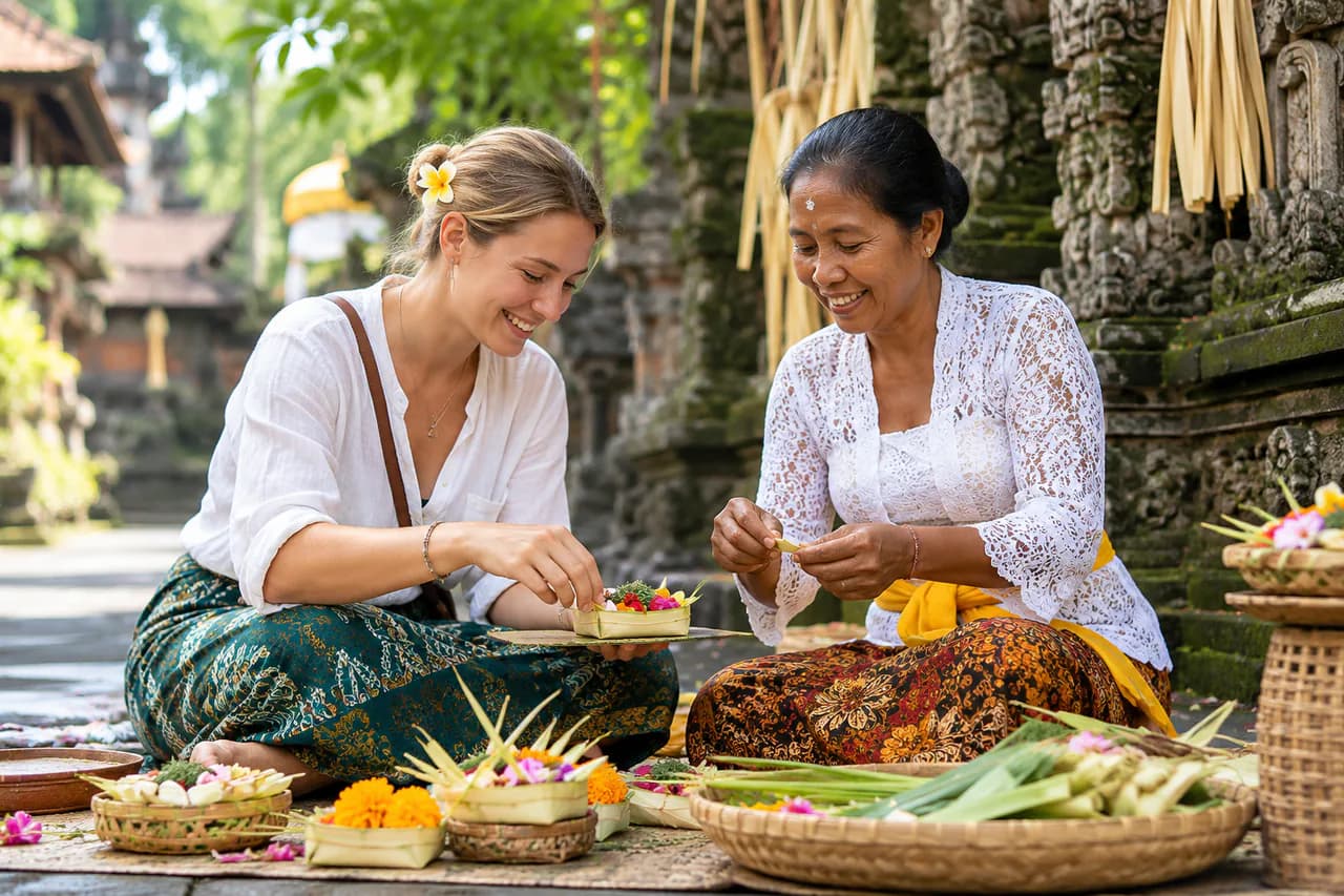 Wisatawan belajar membuat sesajen tradisional Bali bersama perempuan lokal